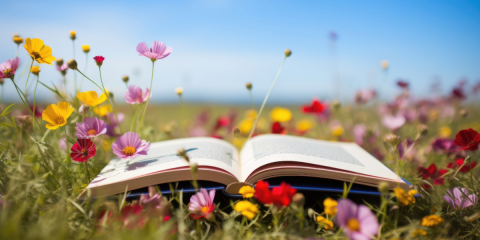 an open book sitting on a field of yellow, red, and, pink flowers, with a blue sky in the background