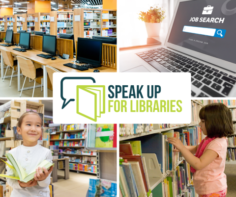 Speak Up For Libraries logo in the middle with grid of 4 pictures behind it. A computer lab in a library, a laptop with a job search image on the screen, a child holding a book open near library shelves, and a child selecting a book from library shelves.