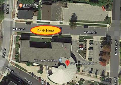 Map showing location of library and where to park on Anthony St for curbside pickup