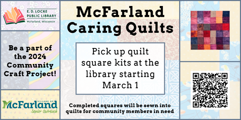 Quilt Square Kits can now be picked up at E.D. Locke Public Library.  Complete a square and return it to the library or Municipal Center.  Squares will be used to make quilts for community members in need.
