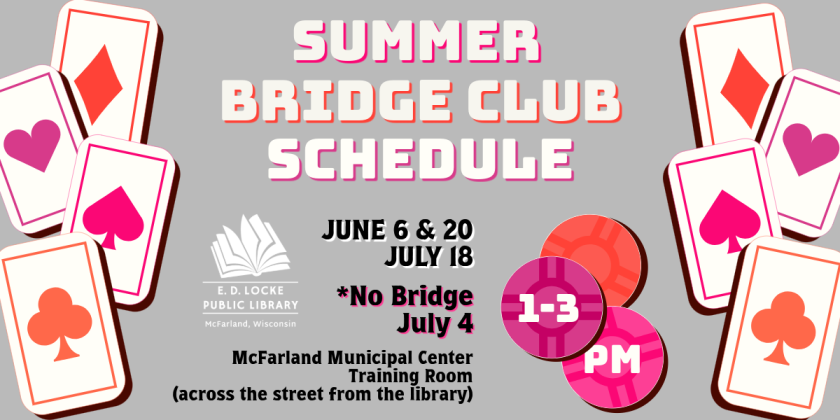 Bridge Club takes place on the 1st and 3rd Thursdays of each month from 1-3 PM.  This summer, we will be meeting in McFarland Municipal Center's Training Room.  There is no Bridge Club on July 4.
