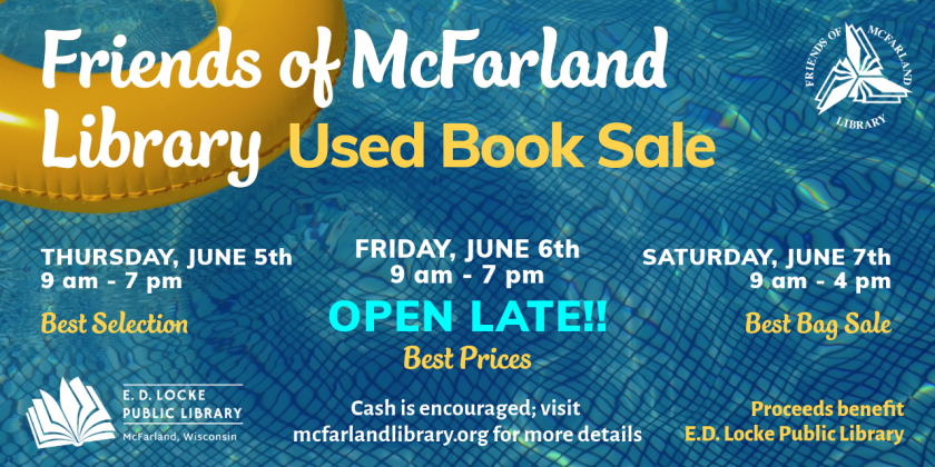 The Friends of the Library Book Sale will be held Thursday, June 5 through Saturday, June 7 in the Library Community Room.  It runs 9 AM to 7 PM on Thursday and Friday 9 AM to 4 PM on Saturday.  There is a bag sale on Saturday.