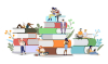There are three stacks of giant books, with people lounging on and around them, reading. It is a graphic image, so the books have solid color spines and the people are cartoonish.